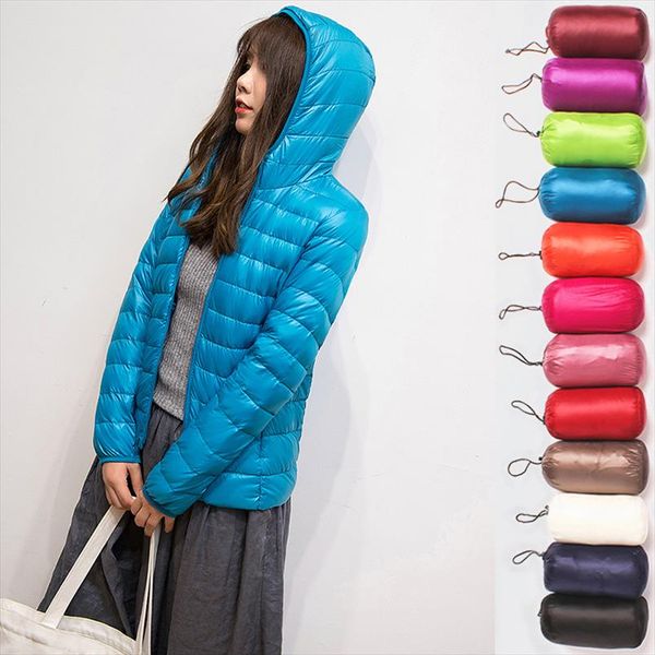 

woman autumn winter hooded jacket white duck down coat female overcoat ultra light solid jackets portable parkas, Black