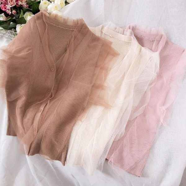 

leaf short-sleeved thin v-neck ice silk t-shirt knit cardigan female summer1, White