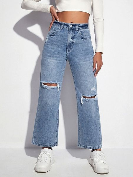 

high waist ripped jeans r1oa#, Blue