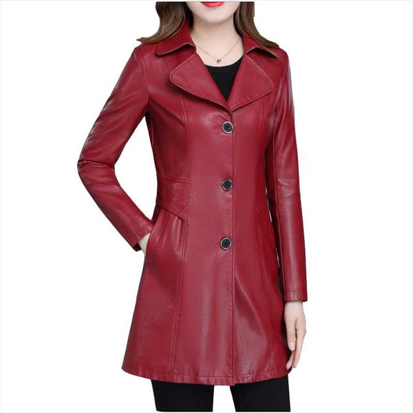 

autumn winter new leather jacket plus size korean medium length lapel womens coat slim pu leather windbreaker jackets overcoat, Black