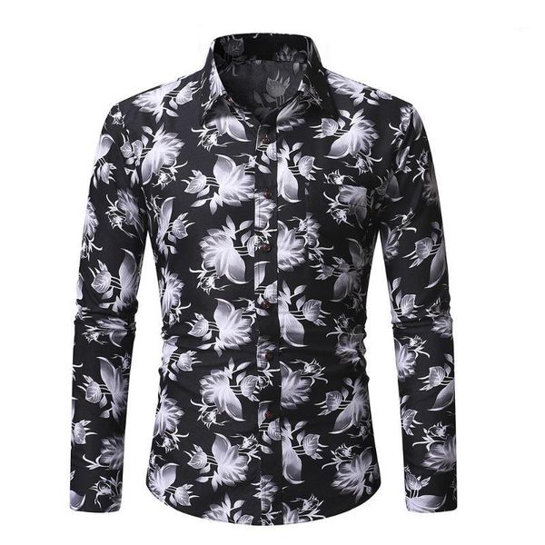 

social shirt men's blouse vintage color casual floral long sleeve shirt for male black beige new1, White;black