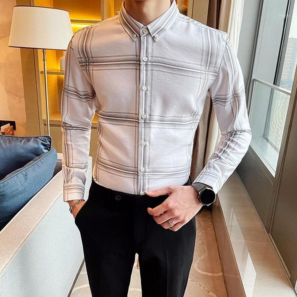 

fashion 2021 spring new men plaid shirts long sleeve business formal wear casual gentlemen tuxedo dress 4xl- sale1, White;black