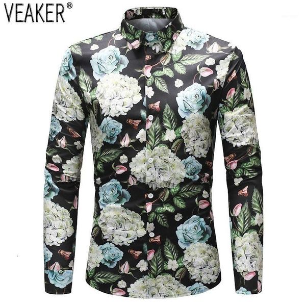 

2019 spring new men flower printed men's slim fit long mouw flower print overshirt men's party shirts  -4xl1, White;black
