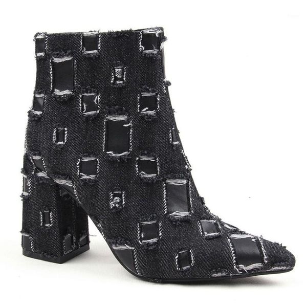 

us4-11 womens pointed toe denim jeans ripped ankle boots chunky high heel side zip shoes plus size black a9911