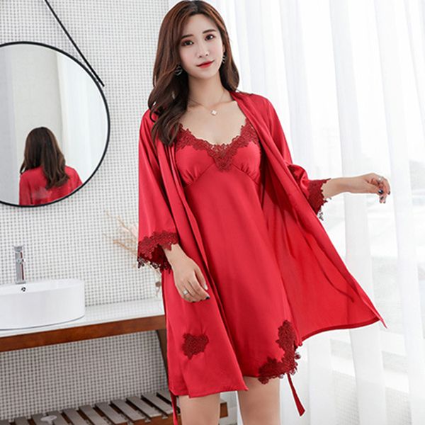 

2021 new summer short robe set women silk solid thin nightgown female v neck with sashes lace bathrobe 2pcs ladies pajamas 221k, Black;red