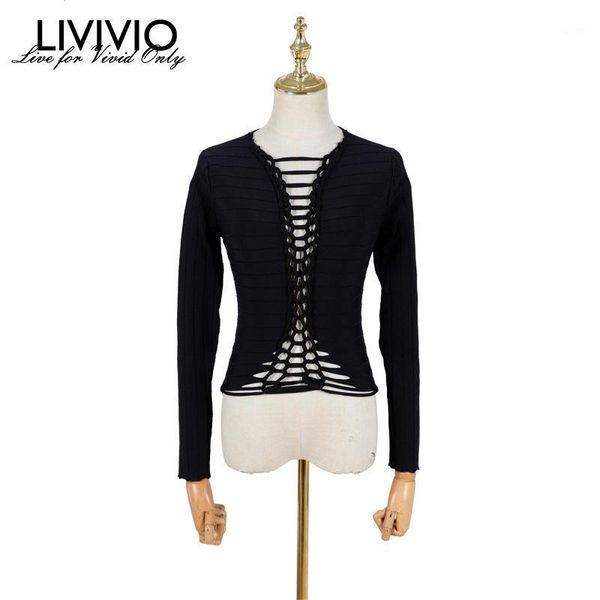 

women's sweaters [livivio]spring hollow stretch rib knit sweater, personalized hand-woven interlaced v-neck slim ladies bottoming shirt, White;black