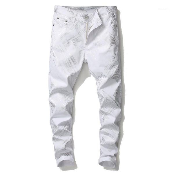 Pantalones vaqueros blancos con estampado de piel de serpiente plateada para hombre, pantalones vaqueros elásticos ajustados a la moda