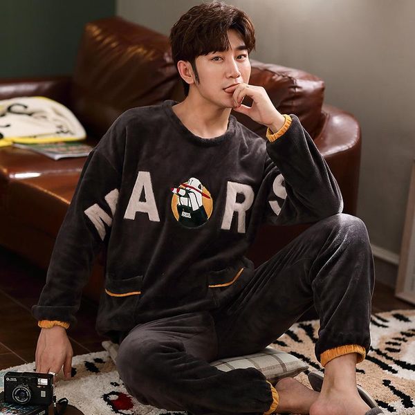 

winter warm soft velvet pajamas set for man atoff home satin men's flannel sleepwear fashion plush silk lounge nightwear, Black;brown