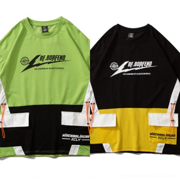 

6lezx ins street fashion brand stitching contrast loose ethnic group t-shirt men's short-sleeved t-shirt nationality national fashion c, Blue