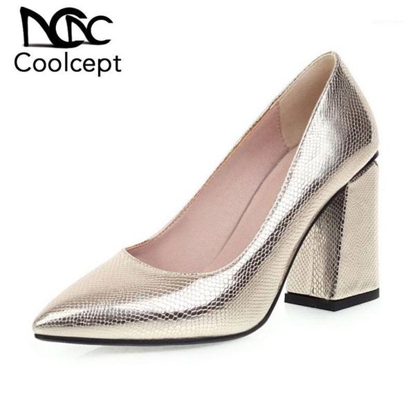 

coolcept fashion pumps shoes women new design pointed toe thick heels shoes ladies' modern catwalk show footwear size 32-431, Black