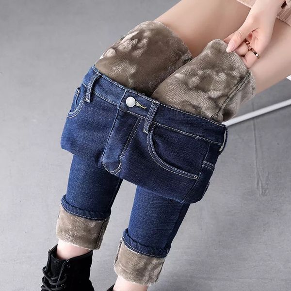 

thick winter warm skinny jeans for women female high waist velvet denim pants streetwear stretch trousers plus size, Blue