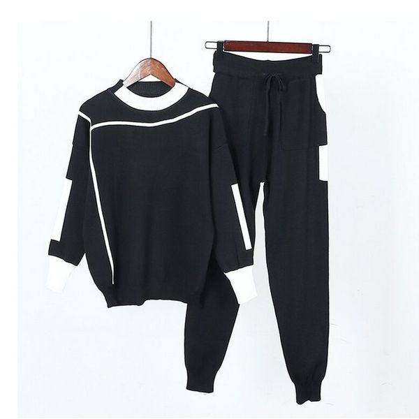

amolapha women knitted sweaters pants track suits woman casual knitted trousers+jumper clothing sets vestidos lj201126, White