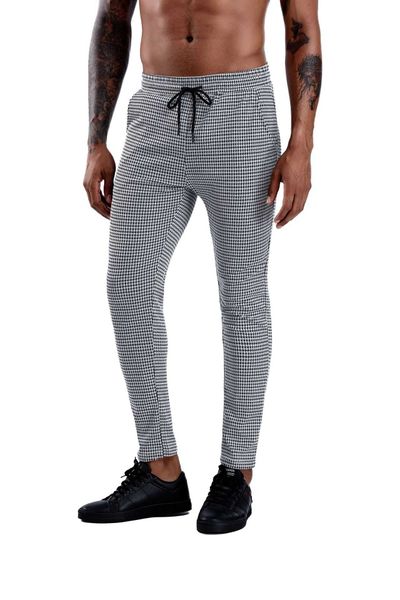 

fashion brand leisure high elastic leg zipper men's small foot plaid pants, Black