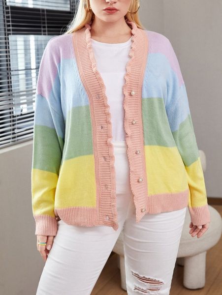 

plus cut and sew drop shoulder frill trim cardigan j79p#, Black