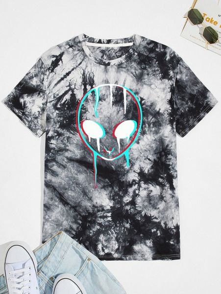 

romwe guys tie dye alien print tee l3es#, White;black