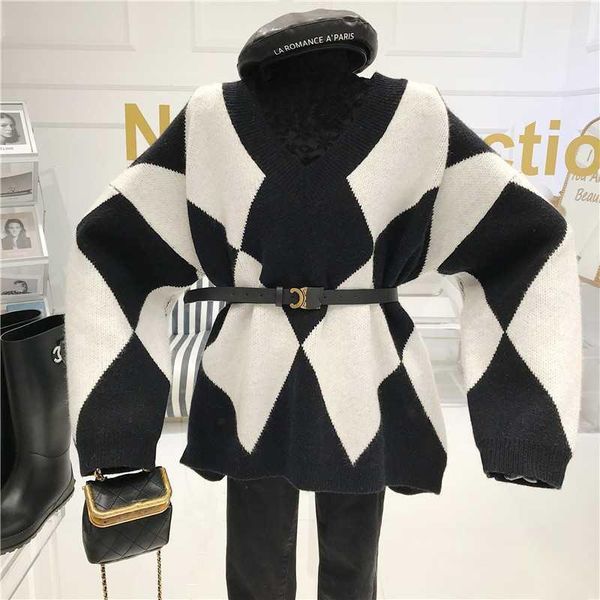 

sweater women's new 2021 niche design autumn winter loose wear out v-neck pullover black white diamond check knit shirt1, White;black