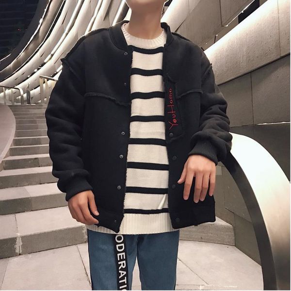 

2018 autumn and winter new embroidery solid color lamb fur suede compound jacket cotton jacket men's thick gray / black s-2xl1