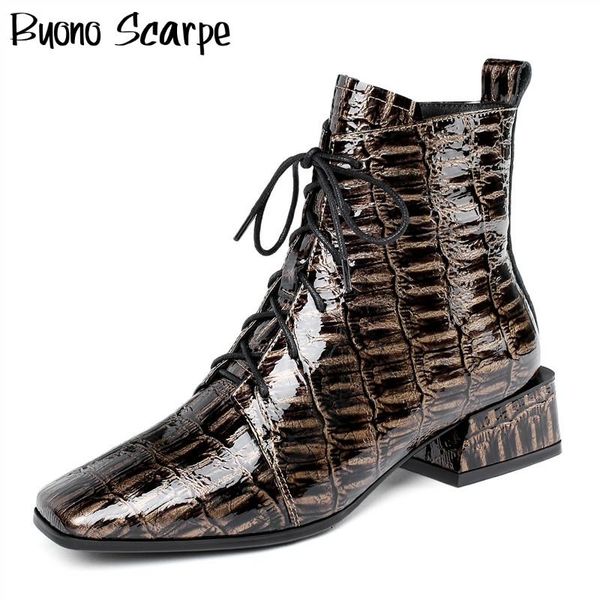 

patent real leather business boots casual chunky boots lace up shoes for women zipper autumn winter ladies shoes square heel new, Black