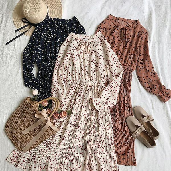 

spring autumn women sweet pleated dress elastic waist long sleeve floral print chiffon dress fashion casual knee-length dresses, Black;gray