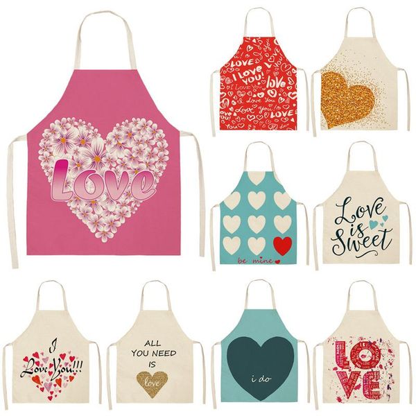 

aprons 1pcs love heart pattern cleaning colorful home cooking kitchen apron cook wear cotton linen bibs 53*65cm wql0207