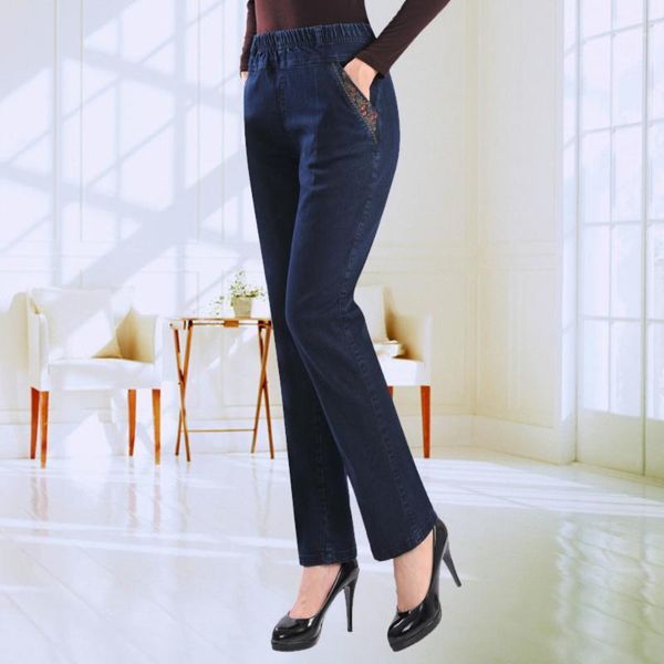 

fashion straight denim jeans for women high waist elastic denim pants stretch full length femme trousers casual mom jeans1, Blue