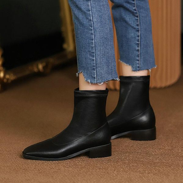 

autumn winter ladies boots concise square toe slip-on ankle boots square heel all match women casual motorcycle shoes size 34-43, Black