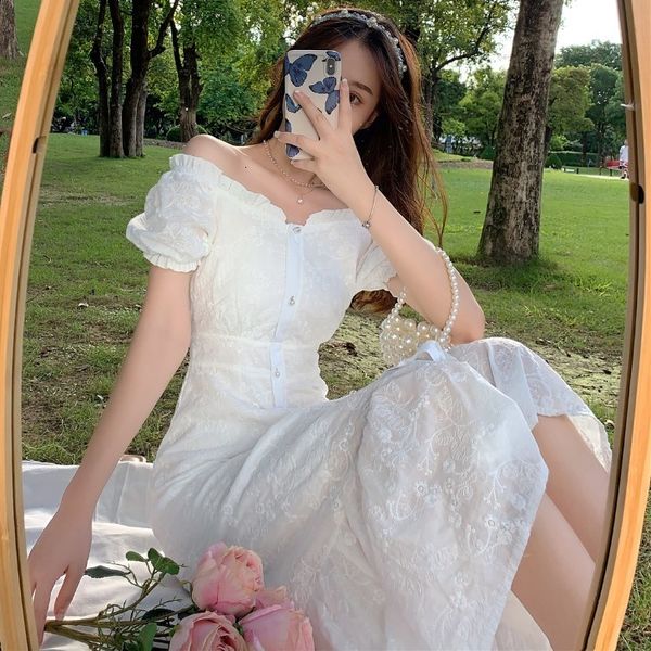 

new french bubble sleeve style in summer 2020 white long skirt with waistline and fishtail dress for women