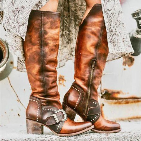 

boots winter women shoes pu leather high heels platform ladies zapatos mujer chaussures femme knee-high buckle1, Black