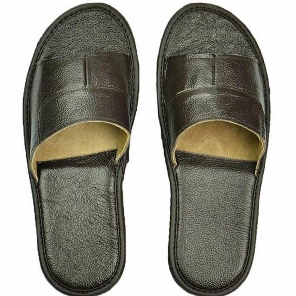 

men women home slippers spring summer couple indoor non-slip split leather fashion casual single house shoes soft soles #qg1a, Black