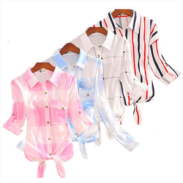 

cotton 100% women short 3 4 long sleeve blouse summer autumn shirts plaid tunic female harajuku ladies fashion, White