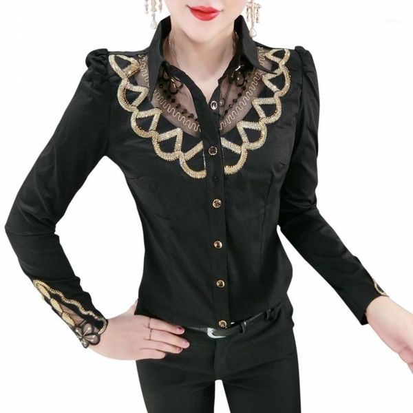 

women's blouses & shirts 2021 spring korean clothes embroidery blouse womon patchwork button cardigan woven nylon shirt women long slee, White