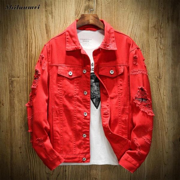 

ripped holes jeans jacket men red black punk denim jackets buttons pockets lapel casual mens coat plus size fashion jacket m-7xl, Black;brown