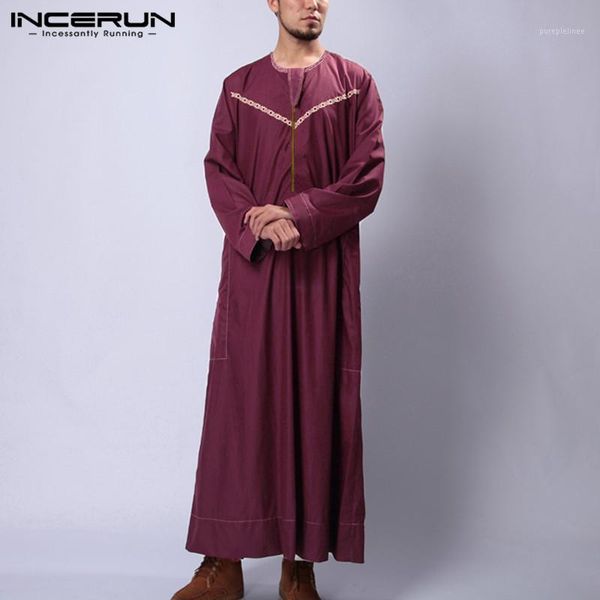 

incerun muslim clothing men islamic arabic kaftan fashion round neck long sleeve printed robes loose men jubba thobe abaya s-5xl1, Red