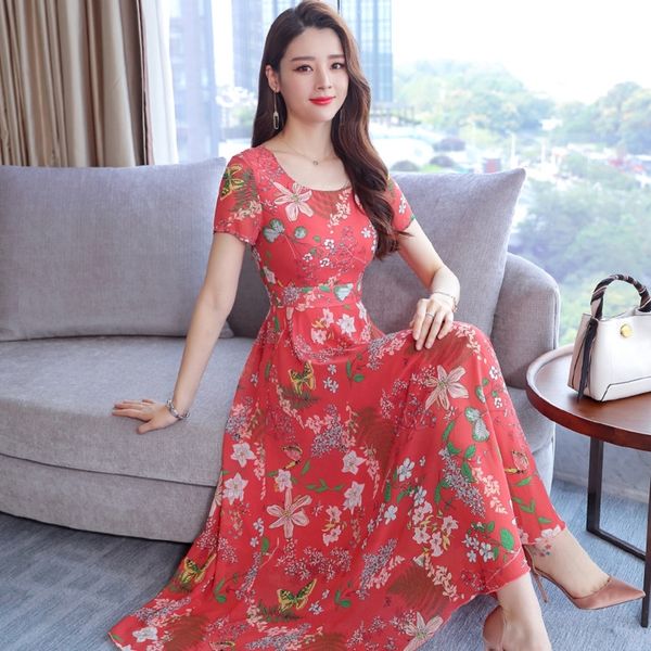

ic8sh korean style floral dress long skirt long women's spring and summer skirt printed temperament slimming short sleeve mid-length la, Black;gray