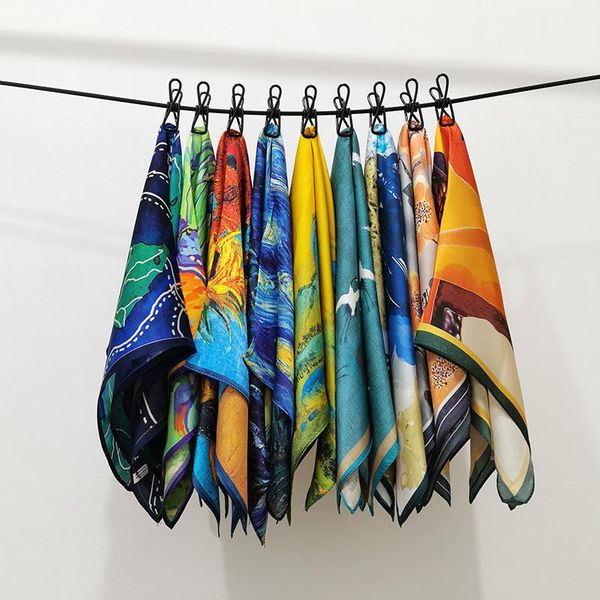 

9 styles classic famous oil painting contrast color silk satin women scarf 53*53cm small square handkerchief new career scarves, Blue;gray