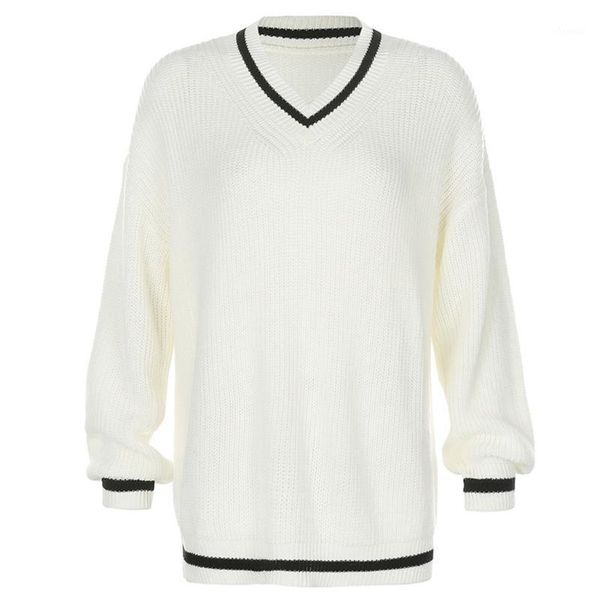 

women england preppy style striped v-neck sweater solid color ribbed knitted pullover loose long sleeve jumper shirt1, White;black