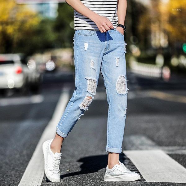 

hole fashion men jeans slim casual denim jeans solid ankle length homme big size1, Blue