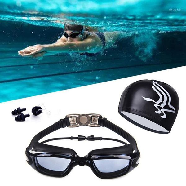 

high-definition waterproof anti-fog swimming goggles big box goggles,swimming cap, earplugs nose clip suit three sets1