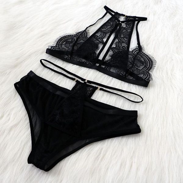 

black temptation lace halter bra panties set seamless bralette lingerie bandage transparent women underwear1, Red;black