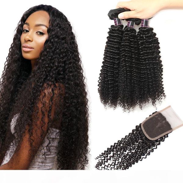 

10a brazilian kinky curly hair with lace closure wholesale malaysian peruvian human hair weave 3bundles deals, Black