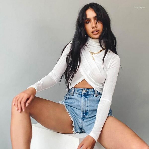 

autumn high neck solid color womens short t-shirt elegant fashion long sleeve frill irregular creative slim navel t-shirt 20201, White