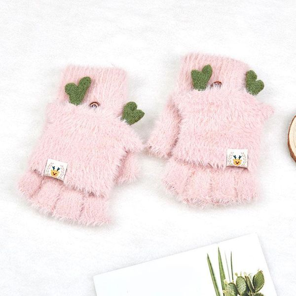 

cartoon antlers flip half finger gloves for women fur winter warm gloves plush knitted outdoor driving mittens, Blue;gray