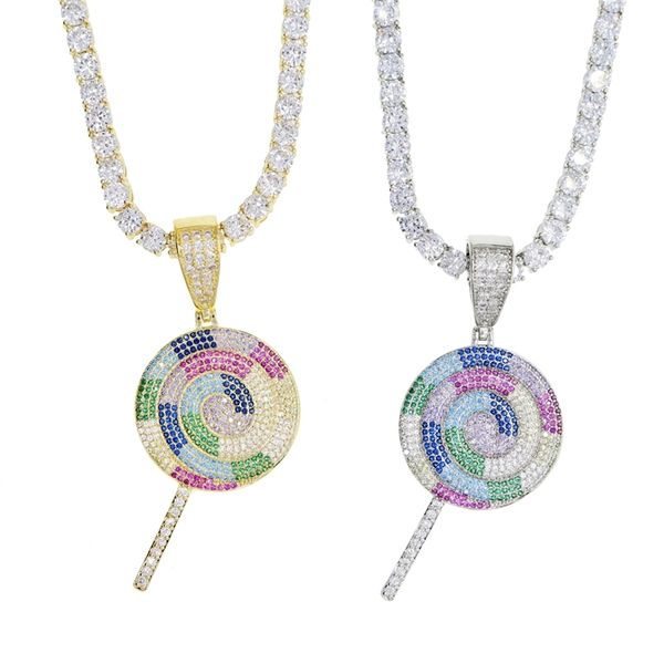 

hip hop bling multicolor lollipop pendant necklace iced out bling 5a cubic zircon tennis chain necklace for women men jewelry 201013, Silver