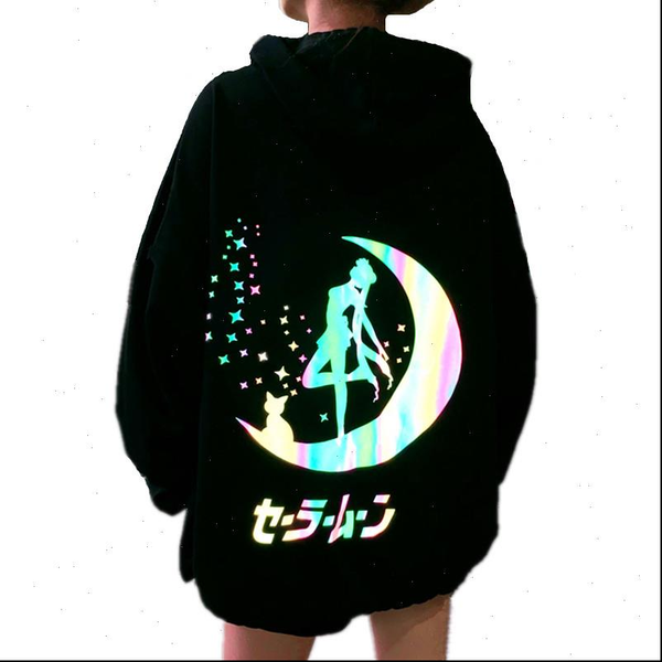 

2021 autumn cartoon sailor moon reflective print thin hoodies oversized sweatshirt harajuku women men couple pullovers outwear, Black