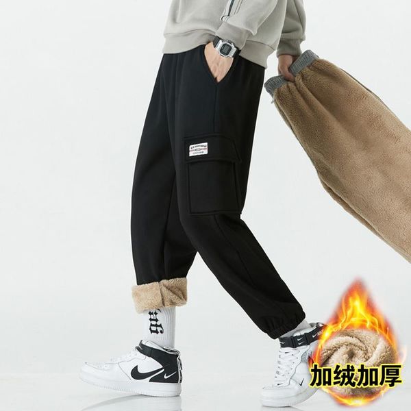 

men's pants cotton autumn and winter plush warm cold proof cashmere casual trend versatile, Black
