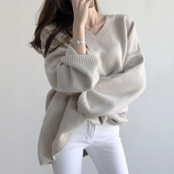 

women's sweaters fashion long sleeve women knitting thick warm sweater v-neck loose pullover jumper female knitted black white, White;black