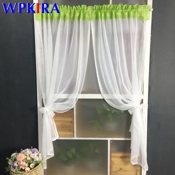 

1 pcs rod pocket short curtain green pleat stitching white tulle window treatment for living room kitchen door corridor dlwp184