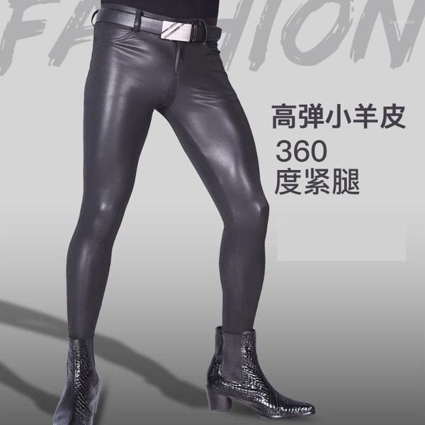 

men slim pants faux leather trousers ultra thin high elastic casual nightclub black stylish1