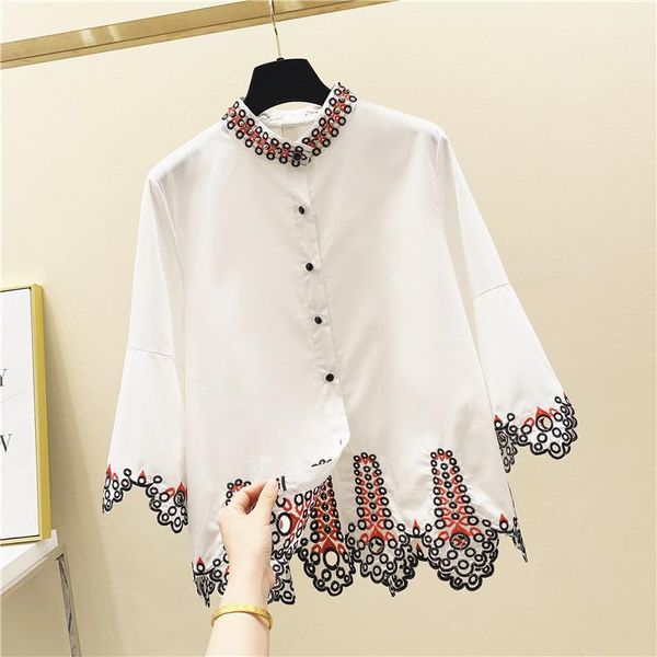 

2020 spring loose-fit ruffle shirt women fashion embroidered bell-sleeve blouses doll shirt girls ladies white blouse women 1