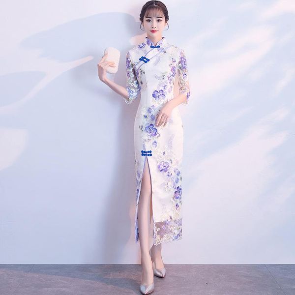 

female exquisite flower embroidery novelty cheongsam elegant vintage button trim qipao slim front split chinese dress, Red